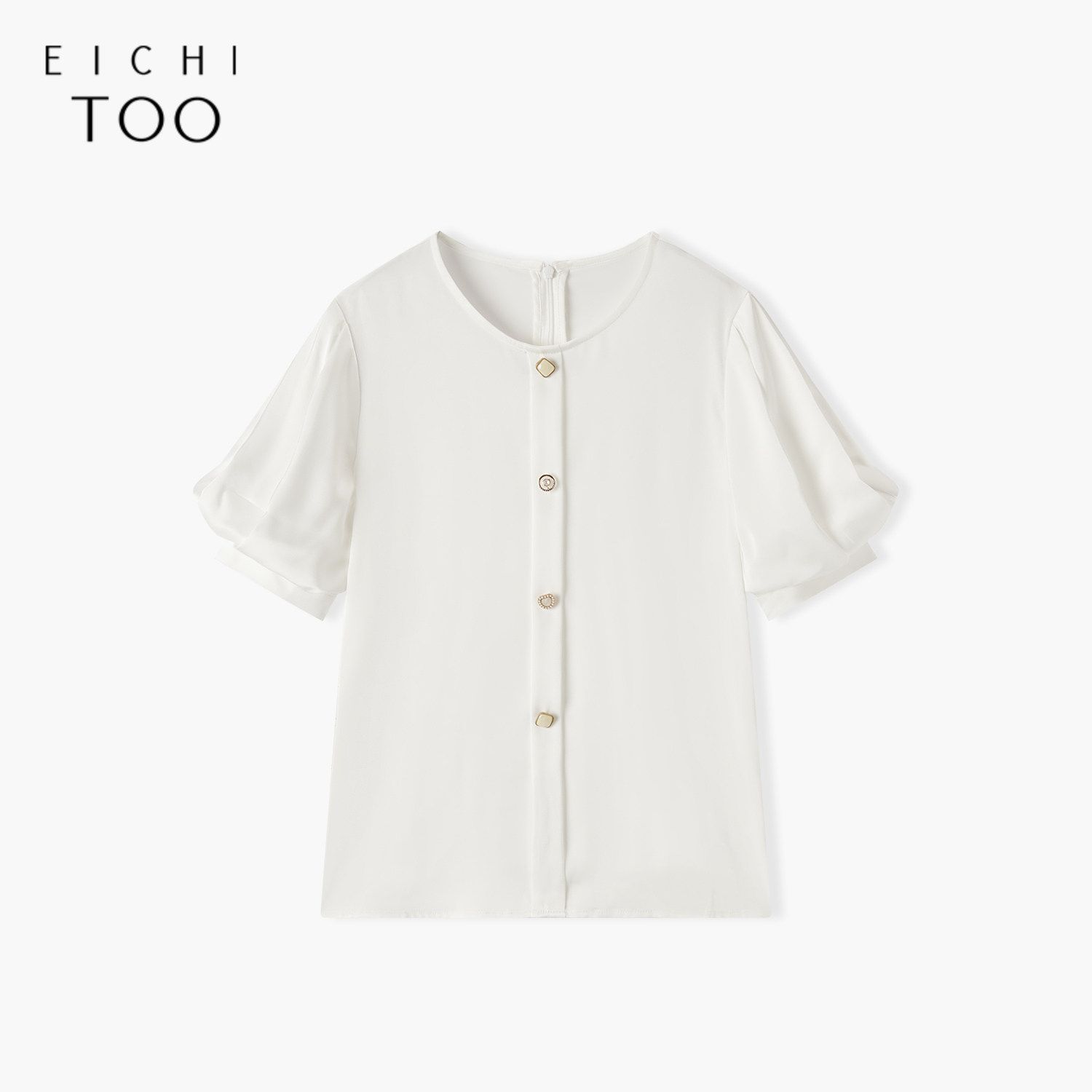 爱居兔夏季通勤风白色圆领灯笼袖轻薄宽松短袖雪纺衫