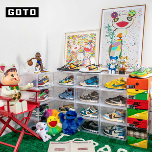 GOTO鞋盒多功能创意收纳盒透明球鞋收纳侧开防氧化网X红收纳鞋架