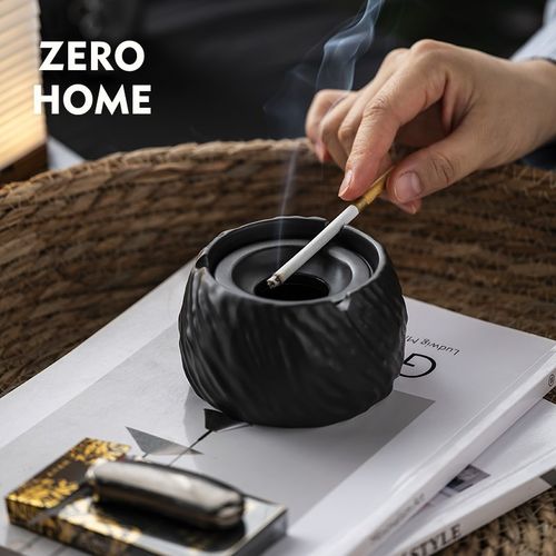 ZERO-HOME 时尚陶瓷防风防飞灰带H盖烟灰缸 简约家用精致小烟缸