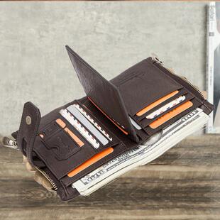 头层牛皮双拉链搭扣男士 潮真皮皮夹休闲钱夹 钱包时尚