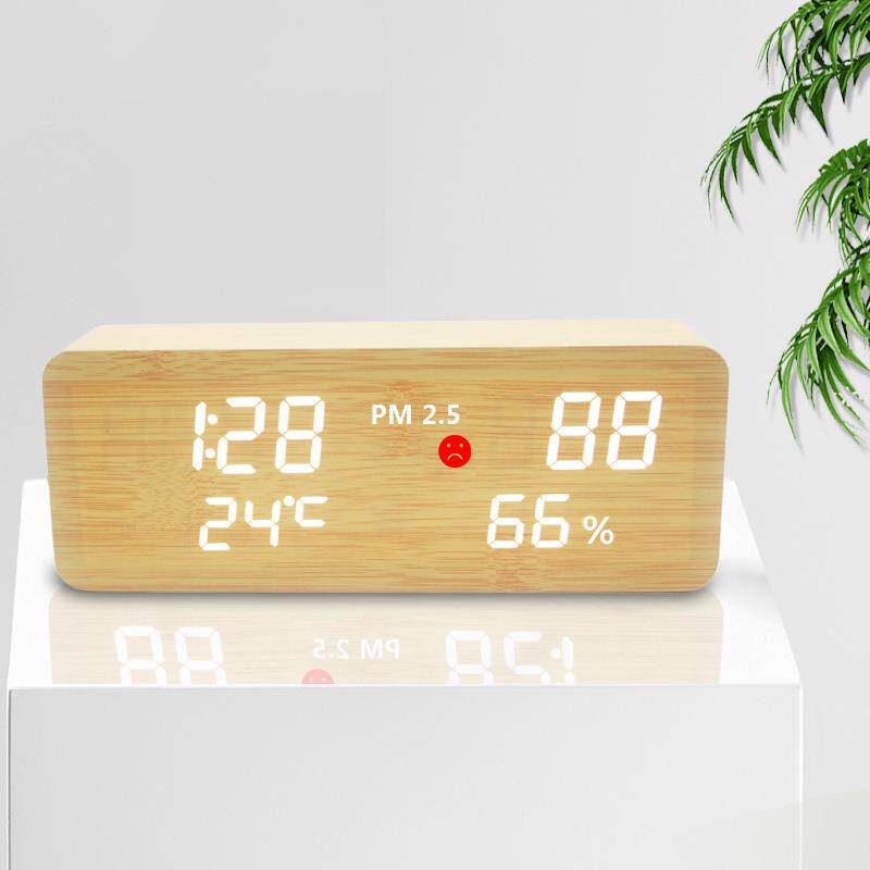 新款创意LED木头钟多功能电子钟倒计时闹钟PM2.5空气检测时钟