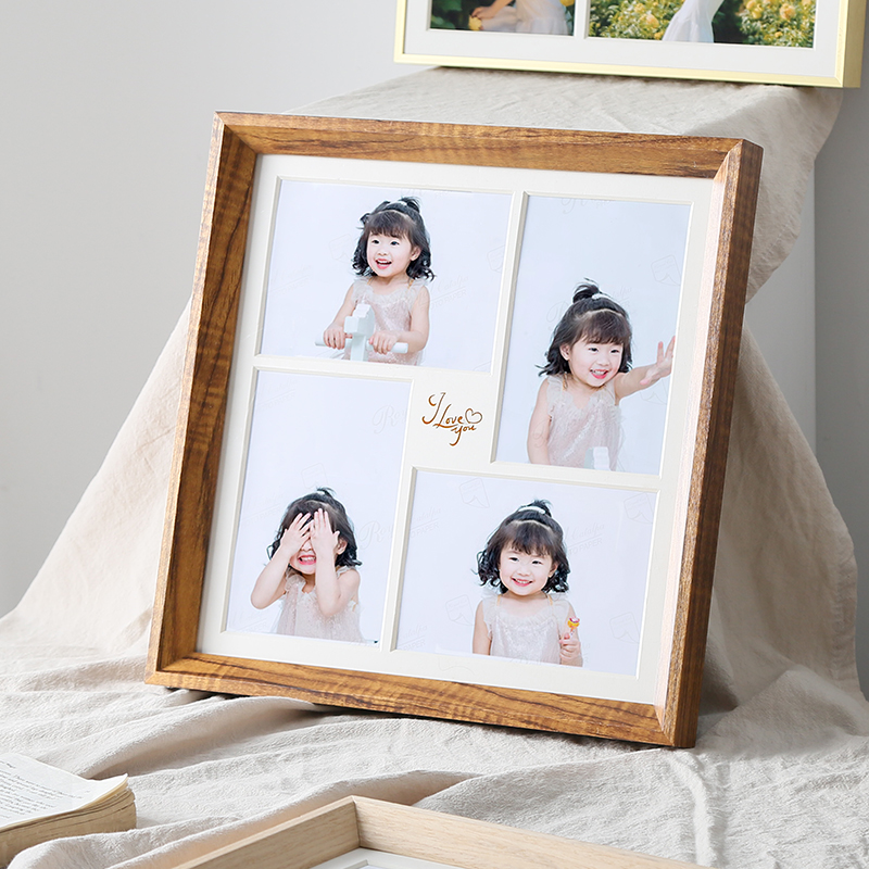 四宫格洗照片做成相框挂墙加卡纸4孔组合相片方形画框实木铝合金