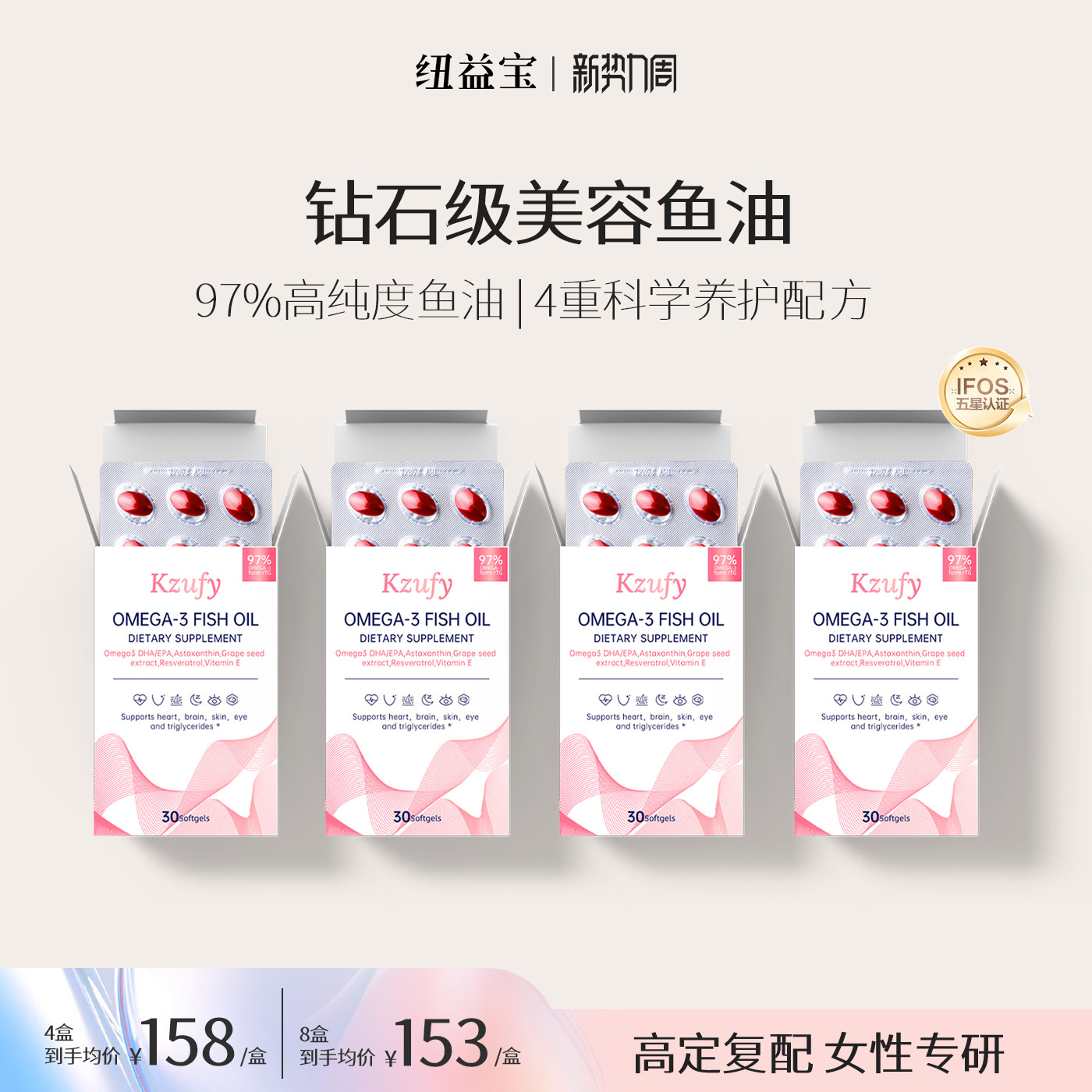 4盒】纽益宝小粉钻鱼油omega3白藜芦醇女生美容97%高纯度深海鱼油