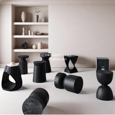 碳化圆形异形矮凳BII根雕木置物架诧寂风原木树墩墩边黑几名宿子