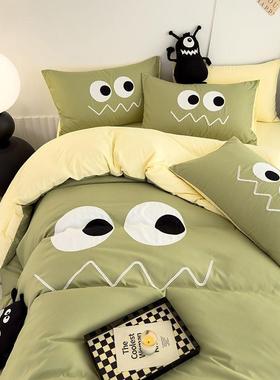 紫色小洗怪7327兽通水棉四件套可爱贴布绣被套床单床舍笠款卡宿三