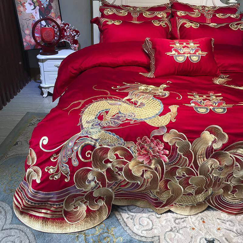 婚庆家纺红色贡婚床上用结H1084品1婚00S缎提花备四件套百年龙凤