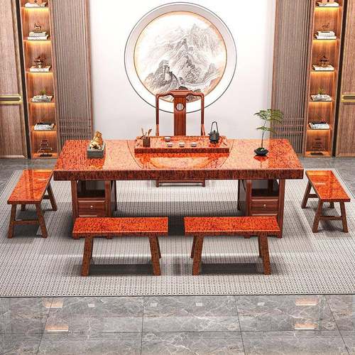 套新中式公实木巴花纹大板茶台家用功夫全储物办公茶NIH桌司套装