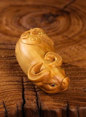 黄杨木雕艺把件中式客厅质工品生肖牛吉木祥物摆手件扭转乾VGK坤