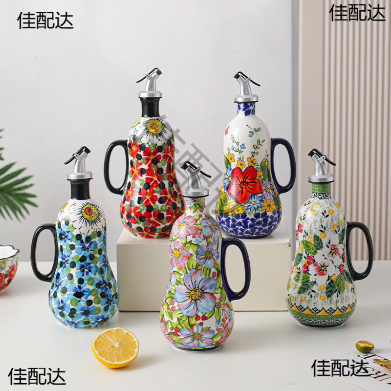 手绘油壶厨房家用新款酱醋油瓶陶瓷厨房不挂油大容量醋壶