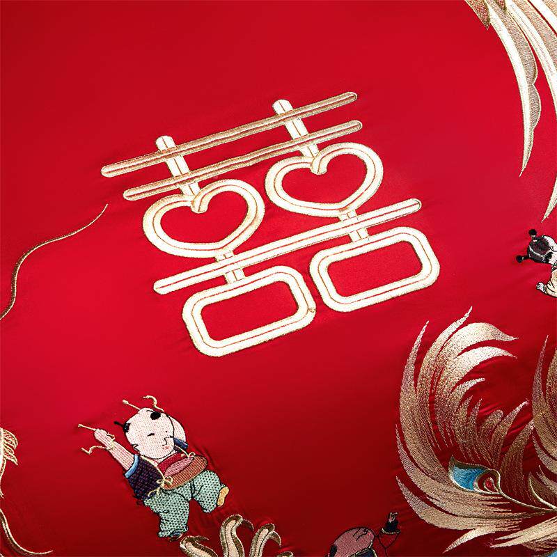 高端庆婚龙四件套凤刺绣花全结婚四件套陪嫁HYF-2025大红棉色喜被