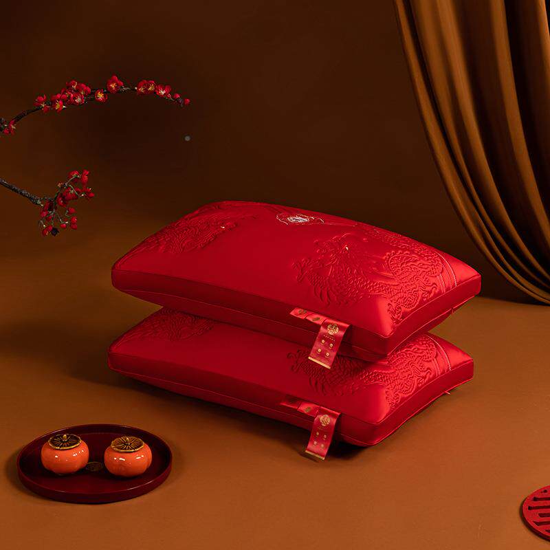 结婚大红色羽枕芯一对婚房嫁棉刺绣乳胶2258枕头婚庆丝绒纯透陪气