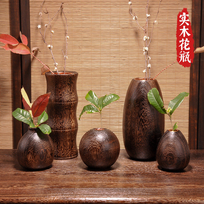 中式复古实木花瓶禅意喝茶桌摆件图片