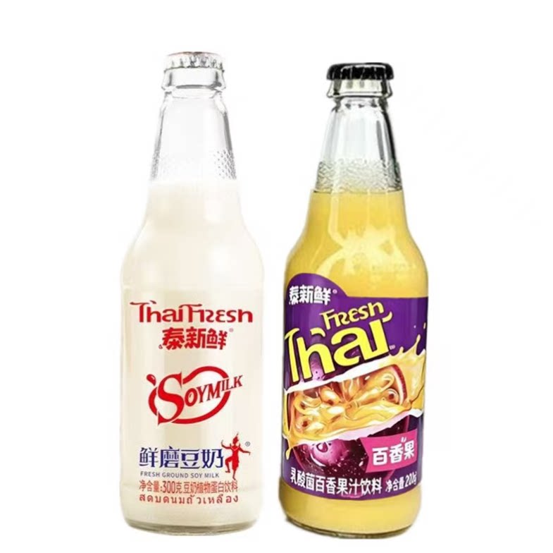 泰新鲜豆奶百香果汁饮料300ml24罐百香果酸甜饮料玻璃瓶装包邮
