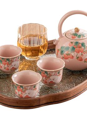 草莓汝窑伴茶壶茶杯中24JS08-1式功兔夫茶具套装用高档陶商瓷一壶