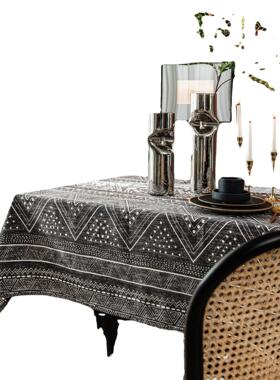 56844几何三角布印直花灰底棉麻桌长方形几餐桌布茶盖布工厂供