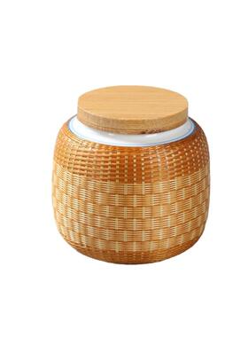 手竹编工陶瓷茶叶罐精具品高档封罐便携PY165P竹密制茶储茶罐