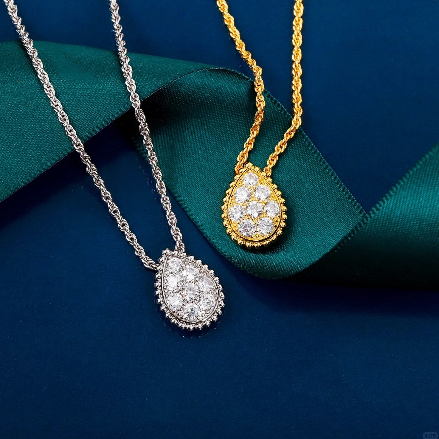 波西米亚水滴项链 女纯银镀18K黄金色白金镶钻麻花链高级设计百搭