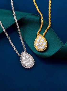 波西米亚水滴项链 女纯银镀18K黄金色白金镶钻麻花链高级设计百搭