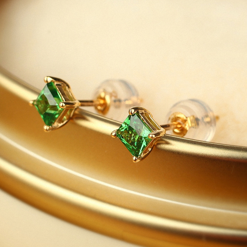 方形祖母绿耳钉 女纯银镀18K黄金色方糖方块耳环耳饰浪漫轻奢百搭