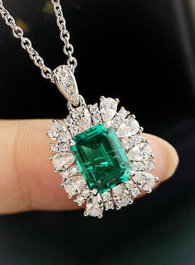 哥伦比亚祖母绿宝石项链女纯银白金推方满钻方形吊坠锁骨链高级潮