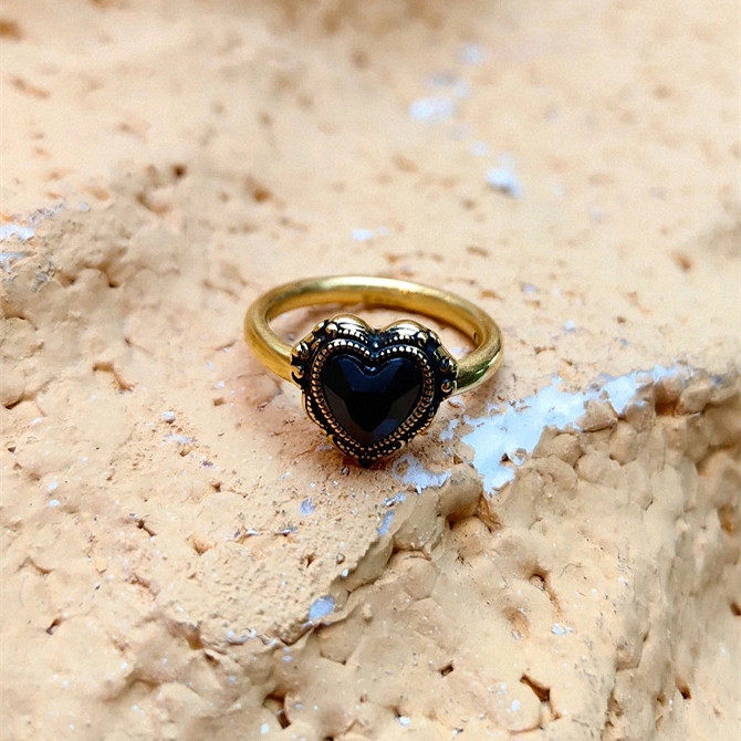 爱心黑玛瑙戒指 女纯银镀18K黄金色复古宫廷风指环高级感轻奢百搭