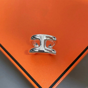 H字母猪鼻子开口戒指 纯银白金色光面指环对戒简约百搭男女情侣潮