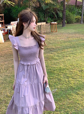 速发紫色小飞漂长衣裙子夏季2024新款精致高端气质法式袖亮方领连
