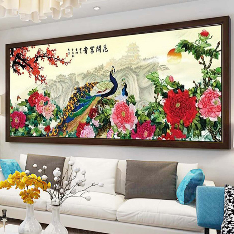 速发新款丝带绣花开富贵孔雀牡丹图梅花版2米立体彩印客厅挂画非