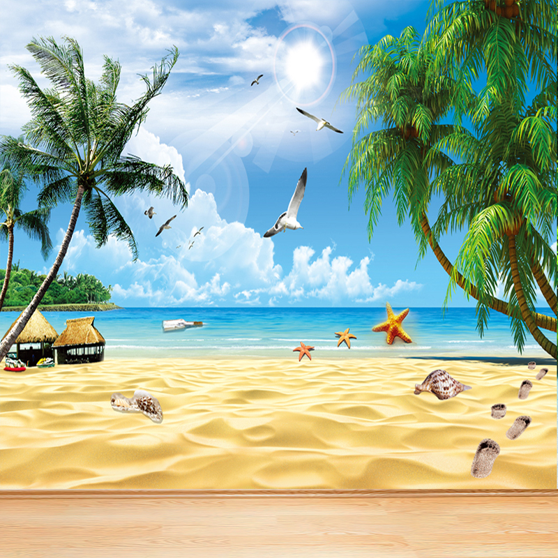 速发景景沙滩自粘墙纸壁画直播间背海贴客厅装饰画室外壁纸墙纸画