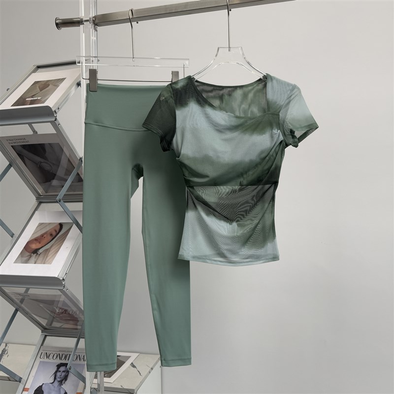 速发带胸垫网纱国步瑜伽服套装2025新款春夏季跑风运动健身衣两件