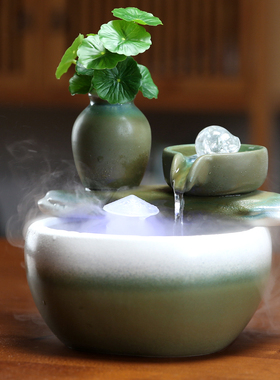 速发小型湿水摆件循环水喷泉加流器陶瓷中式客面桌厅创意招财鱼缸