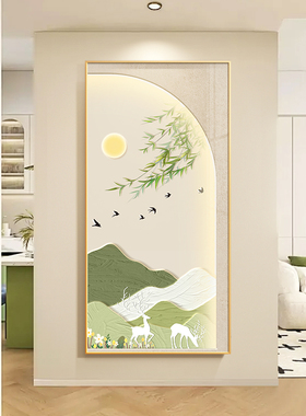 奶油风入户玄关装饰画春s意盎然绿色走廊正对门挂画客厅过道墙壁