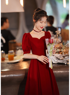 速发敬酒服平时可穿面本红红色连衣裙新娘结婚风裙子缎赫法式订婚
