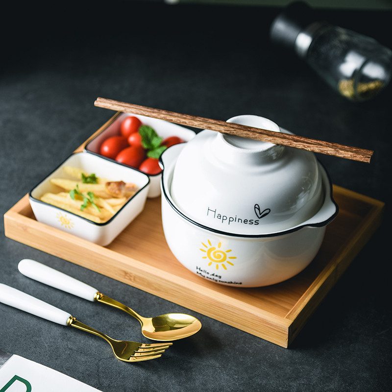 速发日家一人食餐具陶耳面碗沙拉碗双瓷汤碗吃面碗碗碟套装式用早