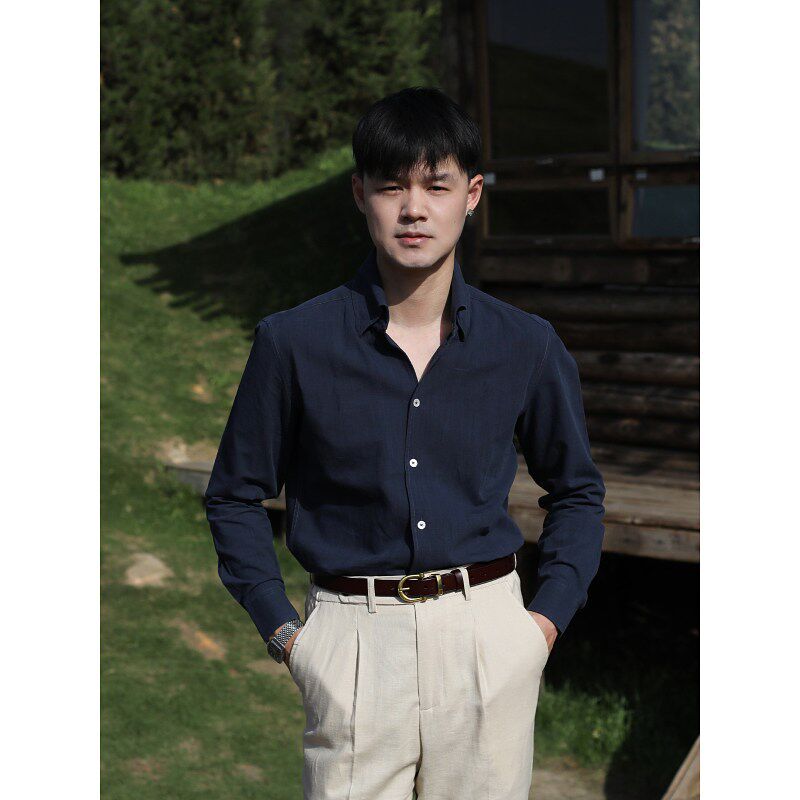 速发意式衣假风舒适棉麻一片领气新衬度休闲透清型男亚麻百搭