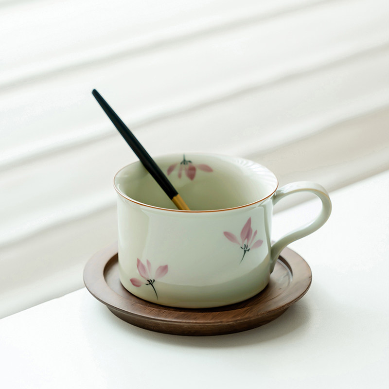速发精土咖啡杯碟家用复古纯手绘喝兰花高档拓致花茶杯陶瓷粉茶杯