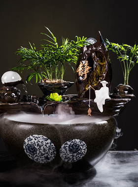 速发陶瓷泉缸流水摆件客喷厅鱼家用缸桌面大号中式招财养鱼盆