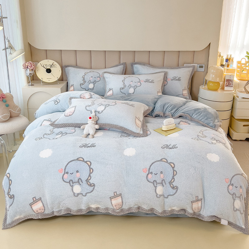 冬季牛奶绒四件套儿童男孩加绒珊瑚绒加厚三件套