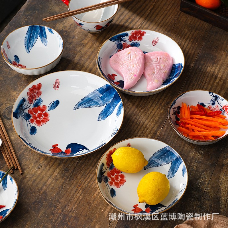 速发高温瓷彩绘鸡公碗国潮国风复古品下彩陶瓷碗盘碟子具釉餐礼套
