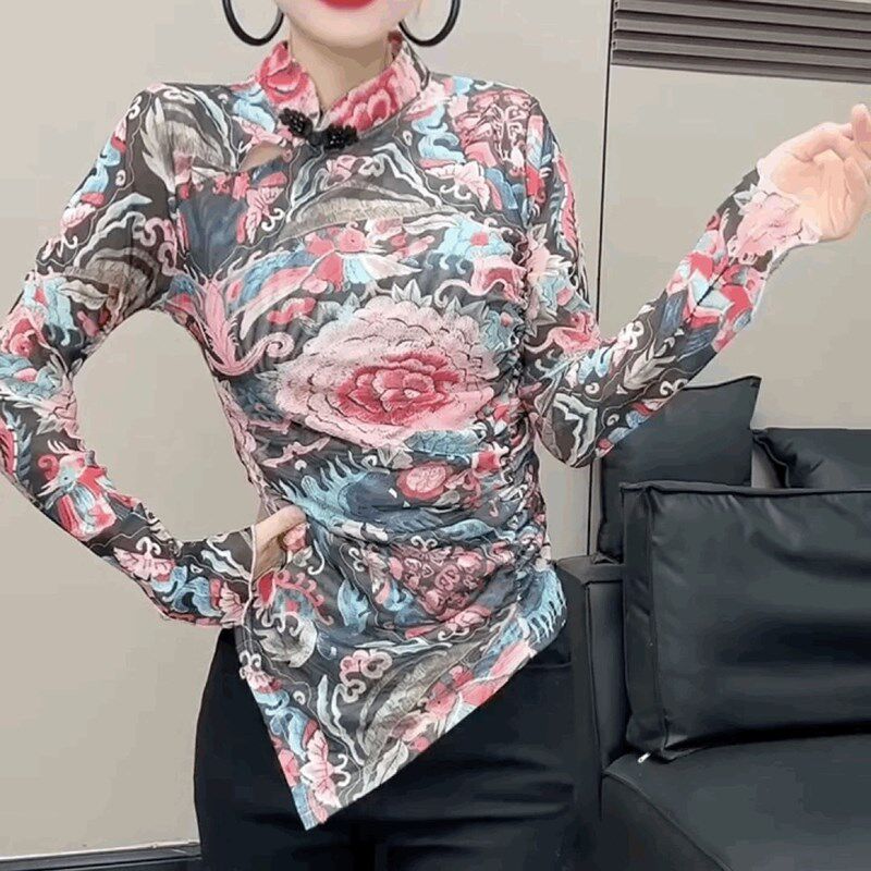 速发盘扣复古碎花蕾丝长袖网恤新T式中纱立领t恤打底衫国风上衣