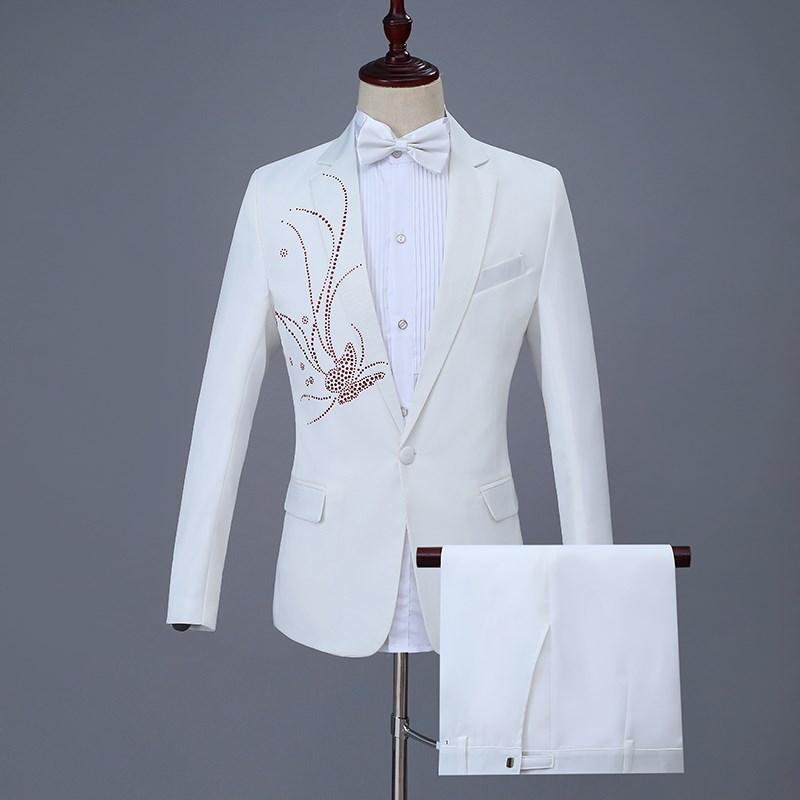 速发新款白色主持人礼服男出合士服装演唱服贴钻蝴蝶图案合唱指挥