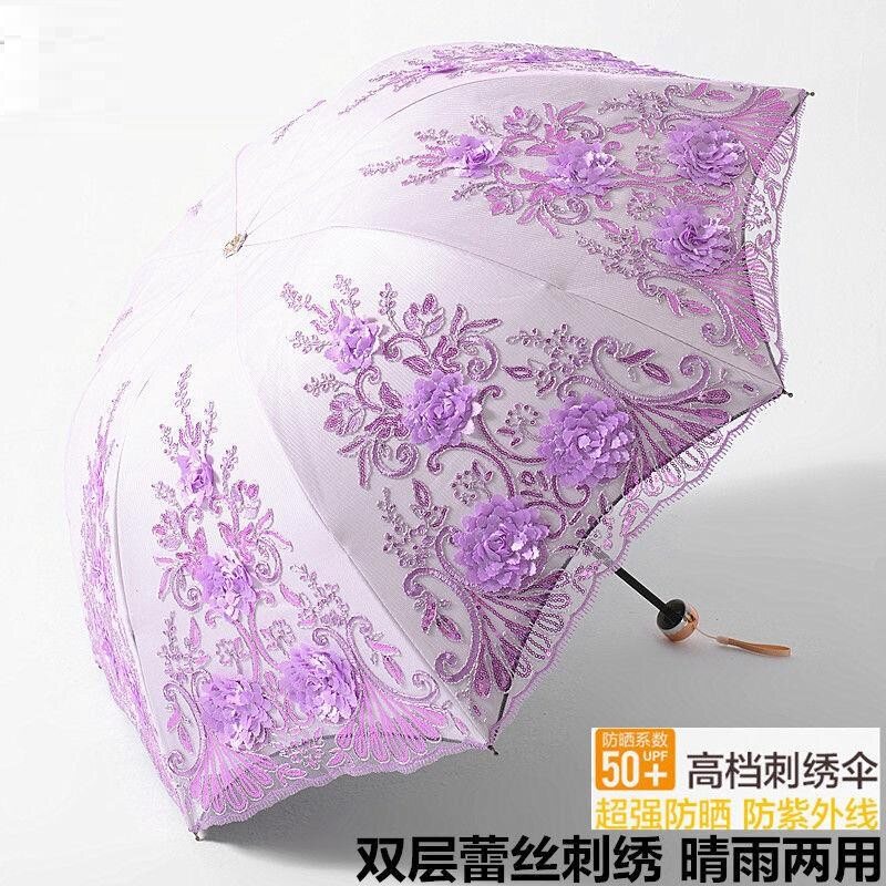 速发太伞防晒遮防紫外线双层刺绣晴伞雨雨折用两叠蕾丝洋伞
