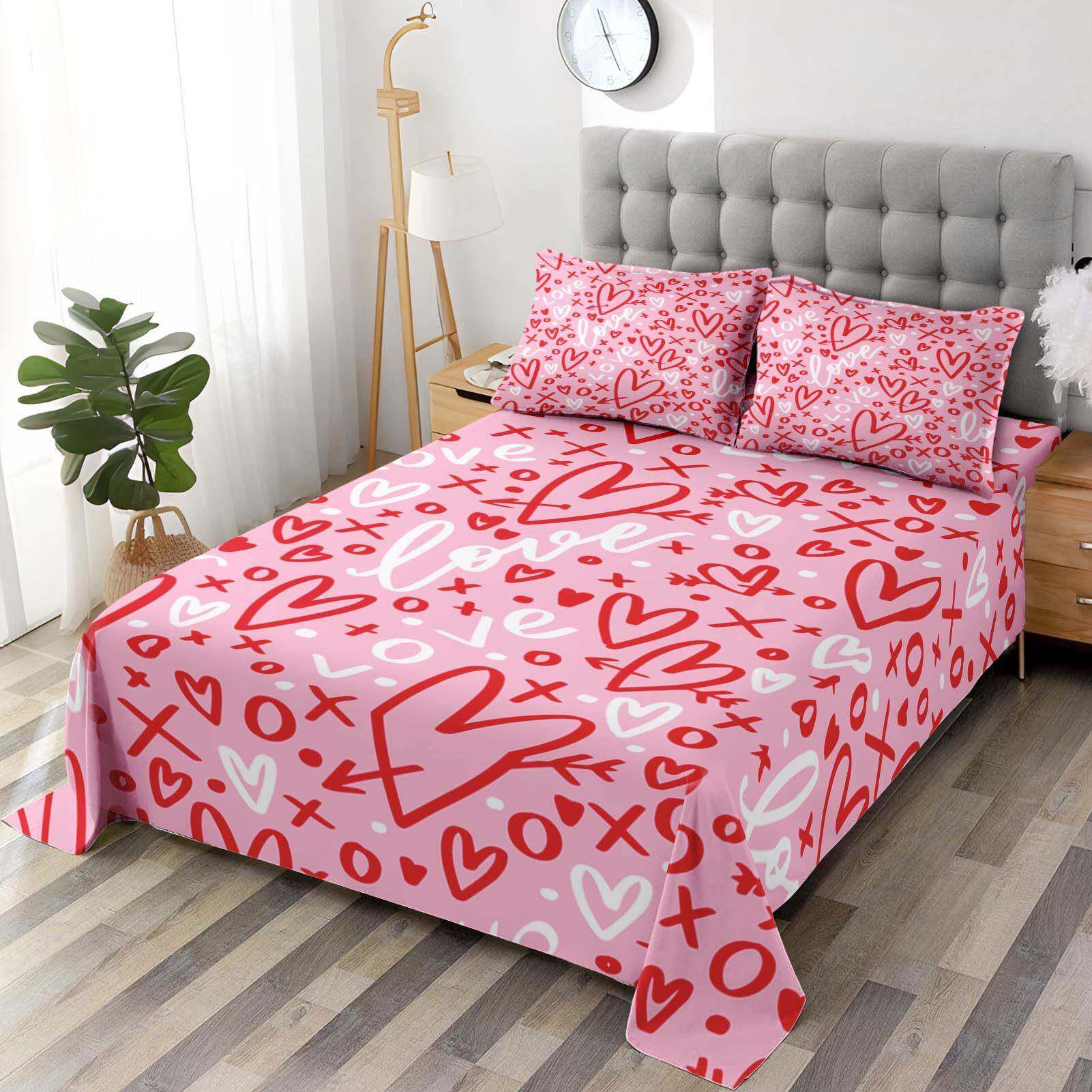 CL0006床笠四件套情人节舍粉色心柔爱软床笠卧客房宿室床上用品装
