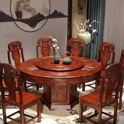 实木桌餐桌组合椅橡胶木仿古GVC花餐桌椅雕中式圆餐桌家用古典实