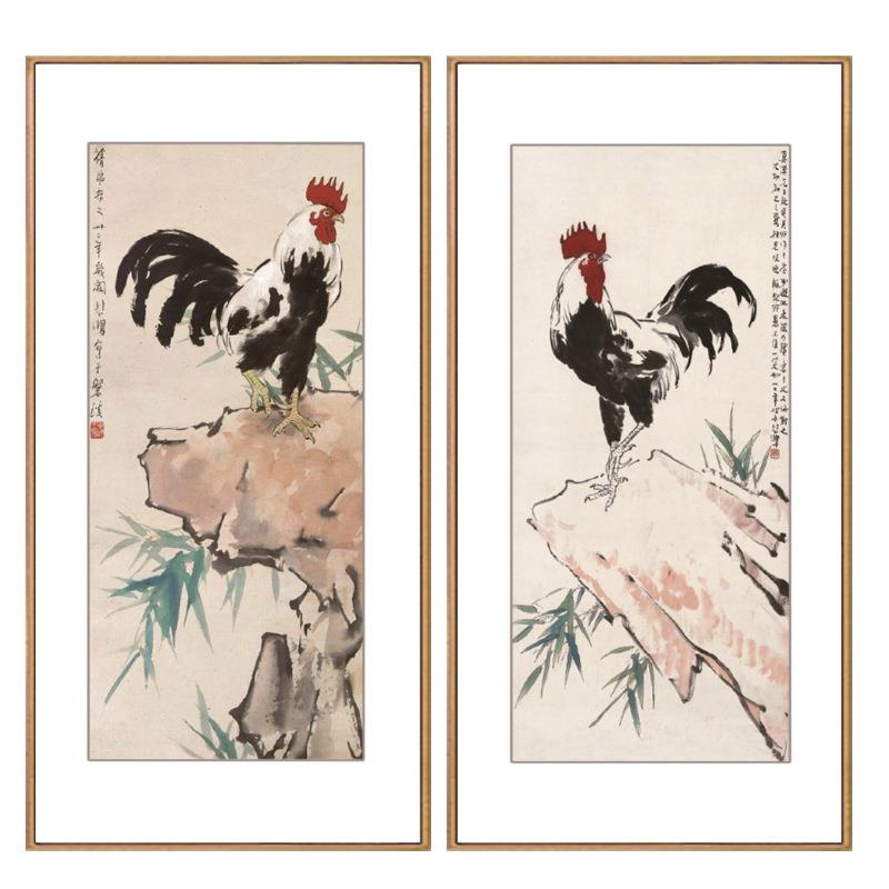 徐悲鸿雄鸡图国画中式玄关装饰画竖版现代水墨客厅走廊过道壁挂画图片