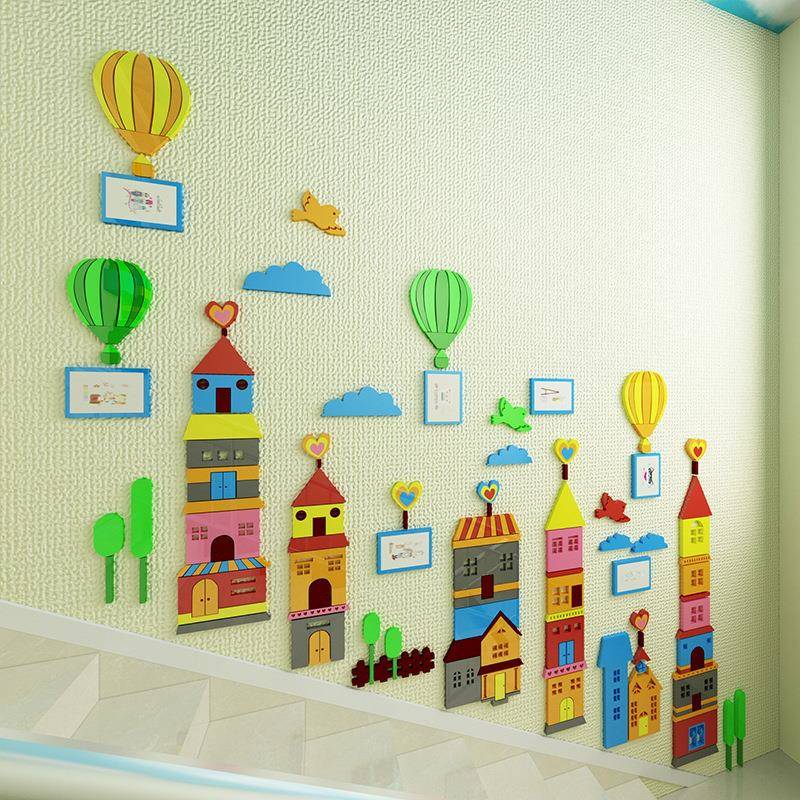 幼儿园楼梯走廊装饰墙面贴画亚克力卡通城市墙贴3d立体儿童房贴纸图片
