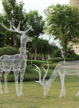户外铁艺不锈花钢丝小梅鹿雕塑金属镂空仿AIG真花朵摆景件观园林