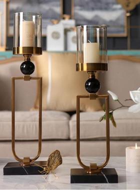 黑白美金大理石金属烛台摆现代简约式样板THR件间西台餐软装饰品