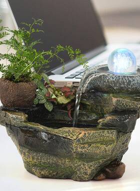 泉简约创意假山流水喷摆FUO客厅柜轻台办公室桌面水轮奢水景装饰