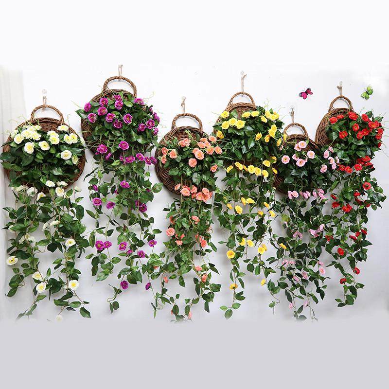 简约编织吊篮花盆仿真花套装创意墙挂手工藤编装饰品柳编壁挂花篮